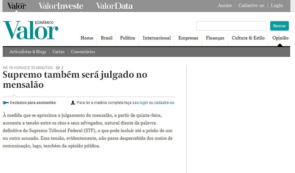 Jornal Valor Econômico também julga o STF (Foto: Reprodução) Jornal Valor Econômico também julga o STF