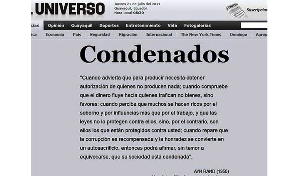 Equador: Tribunal nega recurso do 'El Universo' (Foto: Reprodução/El Universo) Equador: Tribunal nega recurso do 'El Universo'