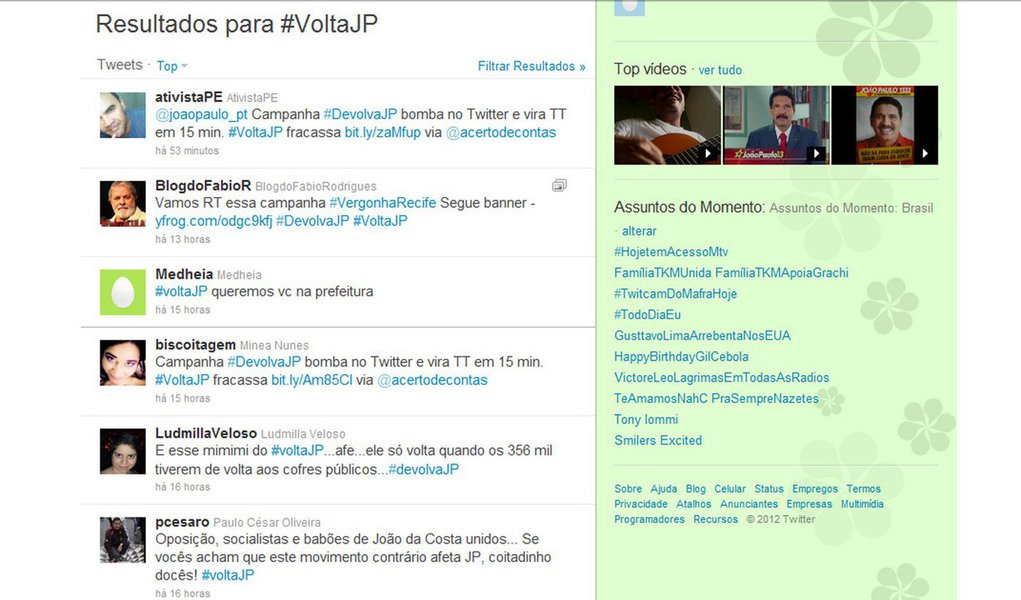 Twitter vira ringue de briga entre eleitores favoráveis e desfavoráveis a João Paulo (Foto: Reprodução) Twitter vira ringue de briga entre eleitores favoráveis e desfavoráveis a João Paulo