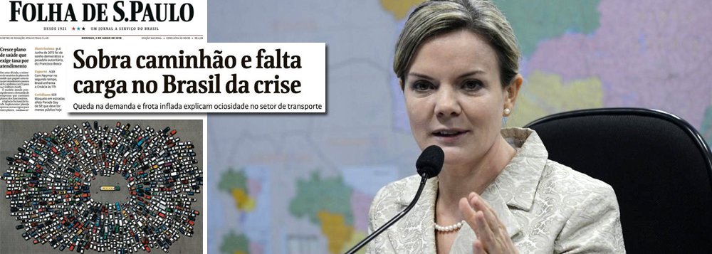 Presidente do PT, senadora Gleisi Hoffmann rebatou argumento defendida pela Folha neste domingo, 3, para justificar o desastre causado pela política de Pedro Parente na Petrobras; "Impressionante o esforço da mídia pra dizer que a crise que vivemos é porque os governos do PT financiaram a renovação e aumento da frota de caminhões e mantiveram preços decentes para os combustíveis! O que eles querem para os trabalhadores são caminhões velhos e combustíveis caros", disse Gleisi (Foto: Aquiles Lins) Presidente do PT, senadora Gleisi Hoffmann rebatou argumento defendida pela Folha neste domingo, 3, para justificar o desastre causado pela política de Pedro Parente na Petrobras; "Impressionante o esforço da mídia pra dizer que a crise que vivemos é porque os governos do PT financiaram a renovação e aumento da frota de caminhões e mantiveram preços decentes para os combustíveis! O que eles querem para os trabalhadores são caminhões velhos e combustíveis caros", disse Gleisi