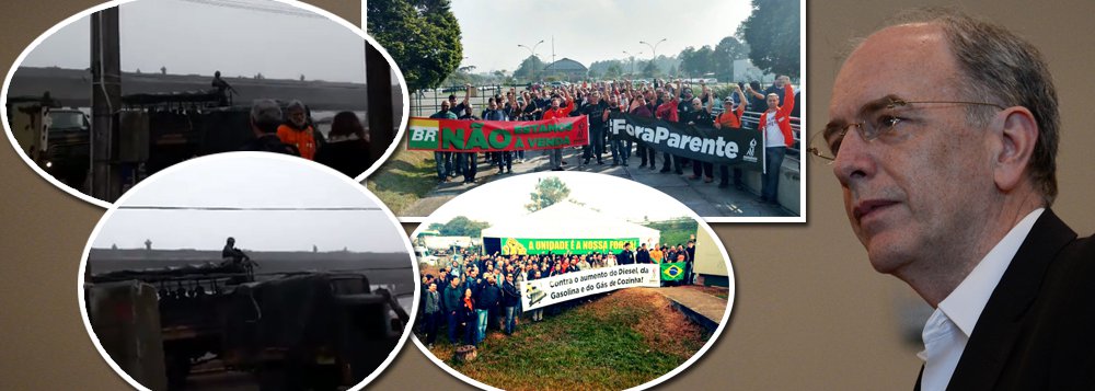 Tropas do Exército chegaram nesta quarta-feira, 30, na sede da Refinaria de Araucária e encontraram o acesso fechado; petroleiros exigem saída imediata de Parente; "O Exército chegou aqui para ver como é que está a manifestação dos petroleiros, mas foi a empresa quem fechou. Aqui só tem trabalhador defendendo o Brasil, contra o aumento dos combustíveis, em defesa da Petrobras", disse um manifestante em vídeo divulgado nas redes sociais (Foto: Aquiles Lins) www.brasil247.com - Tropas do Exército chegaram nesta quarta-feira, 30, na sede da Refinaria de Araucária e encontraram o acesso fechado; petroleiros exigem saída imediata de Parente; "O Exército chegou aqui para ver como é que está a manifestação dos petroleiros, mas foi a empresa quem fechou. Aqui só tem trabalhador defendendo o Brasil, contra o aumento dos combustíveis, em defesa da Petrobras", disse um manifestante em vídeo divulgado nas redes sociais