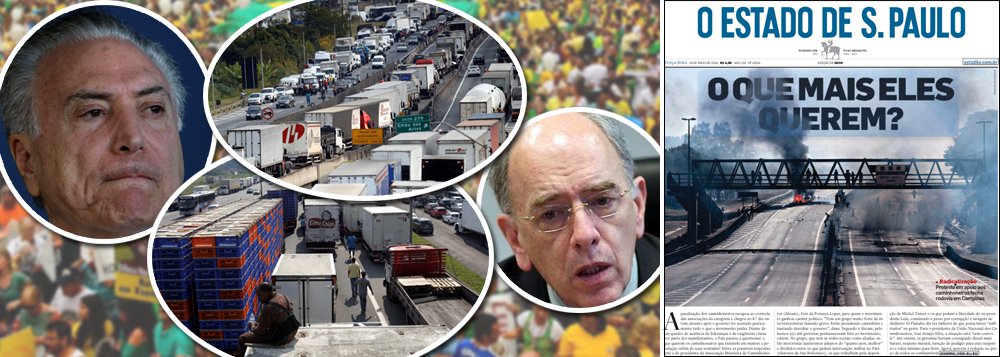 A capa do jornal O Estado de S. Paulo desta terça-feira estampa o desespero do golpe; diante da monumental incompetência do governo, o jornal desabafa em praça pública clamando algum tipo de ação definidora e apontando o óbvio: a ausência de lideranças para conduzir o processo; editorial d'O Globo segue a mesma linha: a exasperação (Foto: Gustavo Conde) A capa do jornal O Estado de S. Paulo desta terça-feira estampa o desespero do golpe; diante da monumental incompetência do governo, o jornal desabafa em praça pública clamando algum tipo de ação definidora e apontando o óbvio: a ausência de lideranças para conduzir o processo; editorial d'O Globo segue a mesma linha: a exasperação