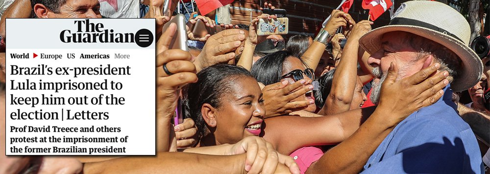 Jornal britânico The Guardian destacou texto assinado por vários professores e intelectuais ingleses com críticas à prisão do ex-presidente Luiz Inácio Lula da Silva; "Há provas contundentes de sua inocência e que ele foi julgado injustamente e preso, de modo a negar seu direito legítimo de concorrer às eleições presidenciais de outubro, onde atualmente lidera as pesquisas", diz o manifesto (Foto: Aquiles Lins) Jornal britânico The Guardian destacou texto assinado por vários professores e intelectuais ingleses com críticas à prisão do ex-presidente Luiz Inácio Lula da Silva; "Há provas contundentes de sua inocência e que ele foi julgado injustamente e preso, de modo a negar seu direito legítimo de concorrer às eleições presidenciais de outubro, onde atualmente lidera as pesquisas", diz o manifesto