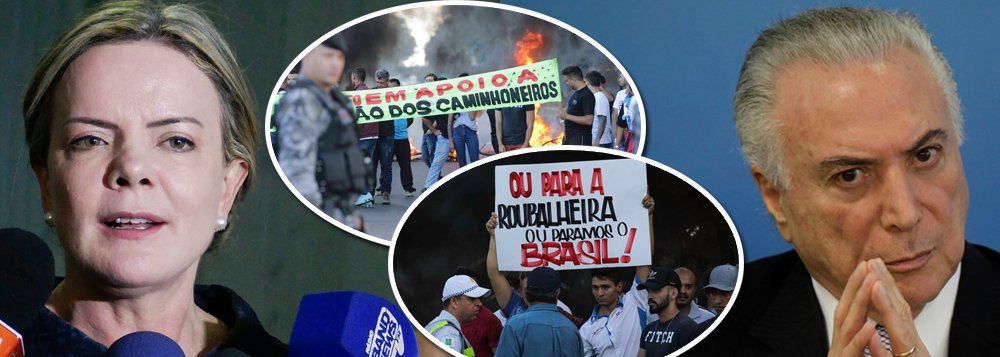 O site oficial do Partido dos Trabalhadores publica um comunicado assinado por Gleisi Hoffmann, Paulo Pimenta e Lindbergh Farias em que aponta as razões para a crise sem precedentes nos transportes; para os líderes do PT, o entreguismo de Temer é o grande responsável pelo colapso do transporte por caminhões que levou à crise de abastecimento (Foto: Gustavo Conde) O site oficial do Partido dos Trabalhadores publica um comunicado assinado por Gleisi Hoffmann, Paulo Pimenta e Lindbergh Farias em que aponta as razões para a crise sem precedentes nos transportes; para os líderes do PT, o entreguismo de Temer é o grande responsável pelo colapso do transporte por caminhões que levou à crise de abastecimento