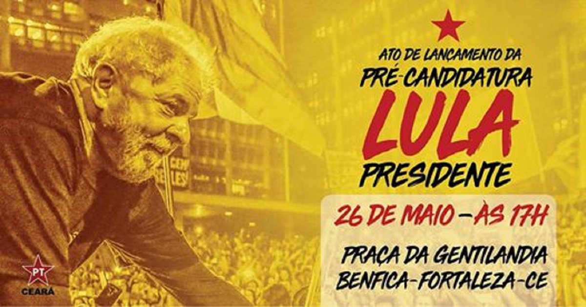 A direção estadual do Partido dos Trabalhadores marcou para o próximo sábado (26), o lançamento oficial da pré-candidatura do ex-presidente Lula, no Ceará. O ato será na Praça da Gentilândia, em Fortaleza, a partir das 17 horas, com a participação das principais lideranças do partido. O lançamento acontece em todo o Brasil, no final de semana, por orientação da direção nacional do partido. No Ceará, diversos diretórios do partido, no interior do estado, também farão o lançamento simbólico, no sábado e no domingo (Foto: Fatima 247) A direção estadual do Partido dos Trabalhadores marcou para o próximo sábado (26), o lançamento oficial da pré-candidatura do ex-presidente Lula, no Ceará. O ato será na Praça da Gentilândia, em Fortaleza, a partir das 17 horas, com a participação das principais lideranças do partido. O lançamento acontece em todo o Brasil, no final de semana, por orientação da direção nacional do partido. No Ceará, diversos diretórios do partido, no interior do estado, também farão o lançamento simbólico, no sábado e no domingo