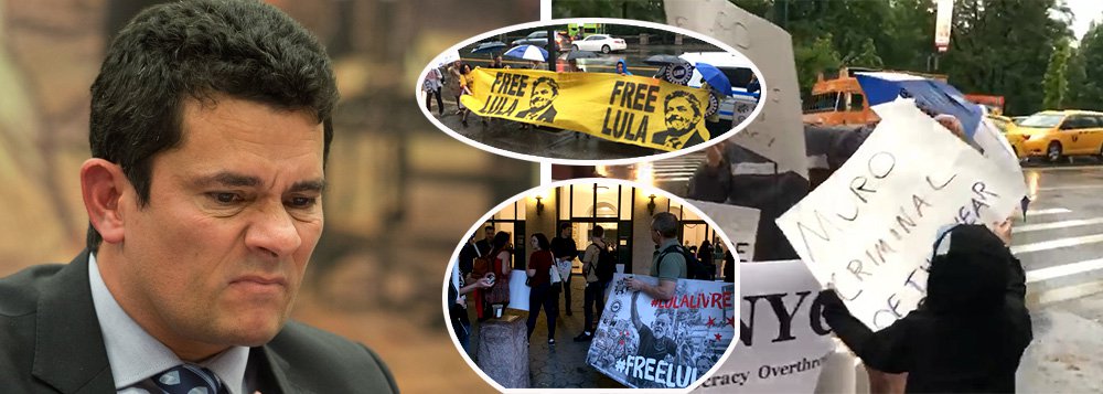 O juiz federal Sérgio Moro foi alvo de protestos nesta terça-feira, 15, em Nova York, contra sua premiação como "Pessoa do Ano" pela Câmara do Comércio Brasil-EUA; organizados pelo coletivo BRADO-NY, dezenas de brasileiros e norte-americanos que levaram cartazes que denunciam o golpe parlamentar no Brasil e a perseguição política ao ex-presidente Lula; em um dos cartazes, Moro é descrito como "criminal of the year" (criminoso do ano) e uma faixa em frente ao Museu de História Natural em Manhattan pedia Lula Livre; "Moro pratica lawfare", diz outro cartaz (Foto: Aquiles Lins) O juiz federal Sérgio Moro foi alvo de protestos nesta terça-feira, 15, em Nova York, contra sua premiação como "Pessoa do Ano" pela Câmara do Comércio Brasil-EUA; organizados pelo coletivo BRADO-NY, dezenas de brasileiros e norte-americanos que levaram cartazes que denunciam o golpe parlamentar no Brasil e a perseguição política ao ex-presidente Lula; em um dos cartazes, Moro é descrito como "criminal of the year" (criminoso do ano) e uma faixa em frente ao Museu de História Natural em Manhattan pedia Lula Livre; "Moro pratica lawfare", diz outro cartaz