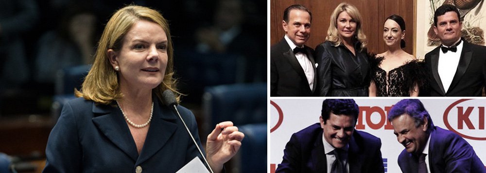 A senadora Gleisi Hoffmann, presidente do PT, criticou nesta quarta-feira, 16, a relação de Sérgio Moro com políticos do PSDB; primeiro com o senador Aécio Neves (PSDB-MG), réu por corrupção e obstrução de Justiça, em dezembro de 2016, e nessa terça-feira, 15, em Nova York, quando apareceu ao lado do ex-prefeito de São Paulo e pré-candidato a governador paulista, João Doria, que apareceu no escândalo dos Panama Papers e é réu por improbidade administrativa; "A Justiça é seletiva e parcial. As companhias falam por si, Moro tem lado", postou Gleisi em sua conta no Twitter (Foto: Aquiles Lins) A senadora Gleisi Hoffmann, presidente do PT, criticou nesta quarta-feira, 16, a relação de Sérgio Moro com políticos do PSDB; primeiro com o senador Aécio Neves (PSDB-MG), réu por corrupção e obstrução de Justiça, em dezembro de 2016, e nessa terça-feira, 15, em Nova York, quando apareceu ao lado do ex-prefeito de São Paulo e pré-candidato a governador paulista, João Doria, que apareceu no escândalo dos Panama Papers e é réu por improbidade administrativa; "A Justiça é seletiva e parcial. As companhias falam por si, Moro tem lado", postou Gleisi em sua conta no Twitter