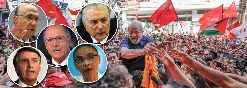 Pesquisa CNT/MDA divulgada nesta segunda-feira aponta que em um segundo turno com Jair Bolsonaro (PSL), Lula venceria com 63,8% dos votos, contra 36,2% do deputado federal; contra Marina Silva (Rede), a distância é maior: o petista venceria com 67,9%, contra 32,1% da ex-senadora; a vitória é ainda mais significativa quando o nome do ex-presidente é colocado contra Geraldo Alckmin, Henrique Meirelles e Michel Temer; mesmo preso, Lula lidera folgado no primeiro turno, com 32,4% dos votos (Foto: Gisele Federicce) Pesquisa CNT/MDA divulgada nesta segunda-feira aponta que em um segundo turno com Jair Bolsonaro (PSL), Lula venceria com 63,8% dos votos, contra 36,2% do deputado federal; contra Marina Silva (Rede), a distância é maior: o petista venceria com 67,9%, contra 32,1% da ex-senadora; a vitória é ainda mais significativa quando o nome do ex-presidente é colocado contra Geraldo Alckmin, Henrique Meirelles e Michel Temer; mesmo preso, Lula lidera folgado no primeiro turno, com 32,4% dos votos