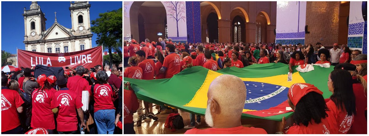 Com faixa "Lula Livre", bandeira do Brasil e roupa vermelha, multidão pediu liberdade a Lula a Nossa Senhora, numa vigília na cidade de Aparecida do Norte, em São Paulo; assista (Foto: Gisele Federicce) Com faixa "Lula Livre", bandeira do Brasil e roupa vermelha, multidão pediu liberdade a Lula a Nossa Senhora, numa vigília na cidade de Aparecida do Norte, em São Paulo; assista