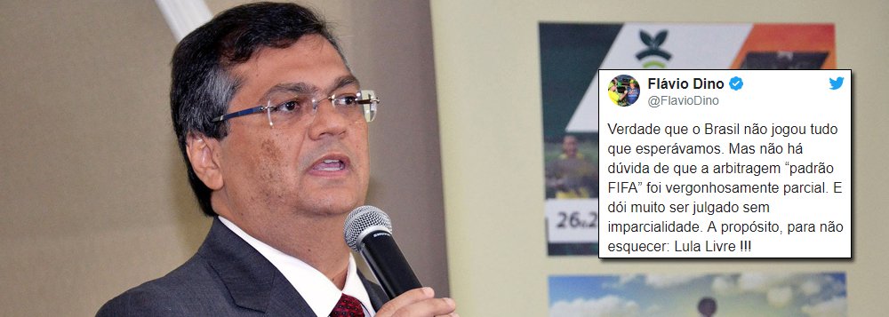 O governador do Maranhão Flavio Dino afirma em seu Twitter que a seleção brasileira realmente não apresentou um bom futebol; Dino acrescenta que a arbitragem também deixou a desejar e cutucou os detratores de Lula: 'dói muito ser julgado com parcialidade'; o governador encerrou o tuíte pedindo Lula Livre! (Foto: Gustavo Conde) O governador do Maranhão Flavio Dino afirma em seu Twitter que a seleção brasileira realmente não apresentou um bom futebol; Dino acrescenta que a arbitragem também deixou a desejar e cutucou os detratores de Lula: 'dói muito ser julgado com parcialidade'; o governador encerrou o tuíte pedindo Lula Livre!