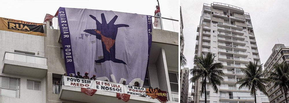 Integrantes do Movimento dos Trabalhadores Sem Teto (MTST) e da frente Povo Sem Medo ocuparam nesta segunda-feira, 16, o triplex do edifício Solaris, no Guarujá, pelo qual o ex-presidente Lula foi condenado e cumpre pena, sem provas, na superintendência da Polícia Federal em Curitiba; "Se é do Lula, o povo poderá ficar. Se não é, por que então ele está preso?", questionou o líder do MTST e presidenciável do PSOL, Guilherme Boulos; segundo Josué Rocha, coordenador do MTST que se encontra dentro do imóvel, a ocupação ocorreu sem problemas às 8h30 da manhã; “Nosso objetivo é denunciar a farsa do processo que envolve o presidente Lula, que está preso há uma semana injustamente” (Foto: Aquiles Lins) Integrantes do Movimento dos Trabalhadores Sem Teto (MTST) e da frente Povo Sem Medo ocuparam nesta segunda-feira, 16, o triplex do edifício Solaris, no Guarujá, pelo qual o ex-presidente Lula foi condenado e cumpre pena, sem provas, na superintendência da Polícia Federal em Curitiba; "Se é do Lula, o povo poderá ficar. Se não é, por que então ele está preso?", questionou o líder do MTST e presidenciável do PSOL, Guilherme Boulos; segundo Josué Rocha, coordenador do MTST que se encontra dentro do imóvel, a ocupação ocorreu sem problemas às 8h30 da manhã; “Nosso objetivo é denunciar a farsa do processo que envolve o presidente Lula, que está preso há uma semana injustamente”
