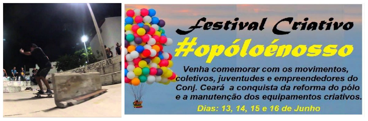 Nesta terça-feira (12), às 18h, o governador Camilo Santana e o prefeito de Fortaleza, Roberto Cláudio, participam da solenidade oficial de assinatura da ordem de serviço para requalificação do Polo de Lazer do Conjunto Ceará. Para comemorar essa conquista, o Movimento S.O.S. Conjunto Ceará está promovendo uma comemoração popular, com o evento "Festival Criativo #O Pólo é Nosso", que prevê intensa programação cultural nos dias 13, 14, 15 e 16 de junho (Foto: Fatima 247) Nesta terça-feira (12), às 18h, o governador Camilo Santana e o prefeito de Fortaleza, Roberto Cláudio, participam da solenidade oficial de assinatura da ordem de serviço para requalificação do Polo de Lazer do Conjunto Ceará. Para comemorar essa conquista, o Movimento S.O.S. Conjunto Ceará está promovendo uma comemoração popular, com o evento "Festival Criativo #O Pólo é Nosso", que prevê intensa programação cultural nos dias 13, 14, 15 e 16 de junho