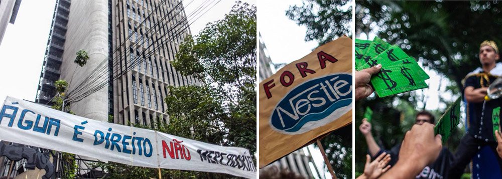 Além de Petrobras e Eletrobras, Michel Temer, que é rejeitado por 94% dos brasileiros, acusado de corrupção e ilegítimo no cargo, conquistado por um golpe, pretende vender até as águas brasileiras; por meio de intervenção teatral, jovens promoveram uma manifestação em São Paulo para "recepcionar" empresários de empresas como Nestlé, Syngenta e Ruag, que eles denunciam que farão reunião secreta para negociar com governo brasileiro (Foto: Gisele Federicce) Além de Petrobras e Eletrobras, Michel Temer, que é rejeitado por 94% dos brasileiros, acusado de corrupção e ilegítimo no cargo, conquistado por um golpe, pretende vender até as águas brasileiras; por meio de intervenção teatral, jovens promoveram uma manifestação em São Paulo para "recepcionar" empresários de empresas como Nestlé, Syngenta e Ruag, que eles denunciam que farão reunião secreta para negociar com governo brasileiro