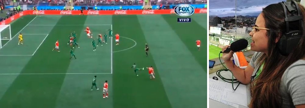 O canal FoxSports inovou e colocou a primeira mulher da história do país a narrar uma Copa; a jornalista mineira Isabelly Morais estreou no jogo entre Rússia e Arábia Saudita, na abertura da Copa do Mundo e não faltou gol pra ela gritar, pois o jogo acabou 5 x 1 para os anfitriões; assista (Foto: Aquiles Lins) O canal FoxSports inovou e colocou a primeira mulher da história do país a narrar uma Copa; a jornalista mineira Isabelly Morais estreou no jogo entre Rússia e Arábia Saudita, na abertura da Copa do Mundo e não faltou gol pra ela gritar, pois o jogo acabou 5 x 1 para os anfitriões; assista