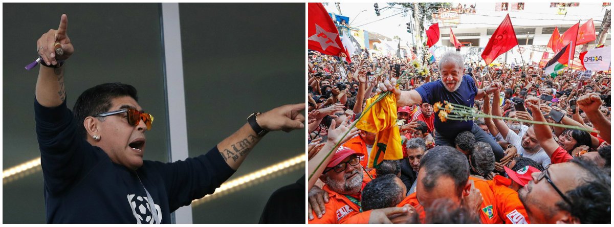 A maior jogador da história da Argentina, Diego Maradona, voltou a manifestar seu apoio do ex-presidente Lula; “Meu amigo Lula, tenha muita força porque você deu ao Brasil o que ele merece. Os corruptos, infelizmente, vencem algumas batalhas, mas as guerras dos países são vencidas por aqueles que realmente querem bem ao povo” (Foto: Leonardo Lucena) A maior jogador da história da Argentina, Diego Maradona, voltou a manifestar seu apoio do ex-presidente Lula; “Meu amigo Lula, tenha muita força porque você deu ao Brasil o que ele merece. Os corruptos, infelizmente, vencem algumas batalhas, mas as guerras dos países são vencidas por aqueles que realmente querem bem ao povo”