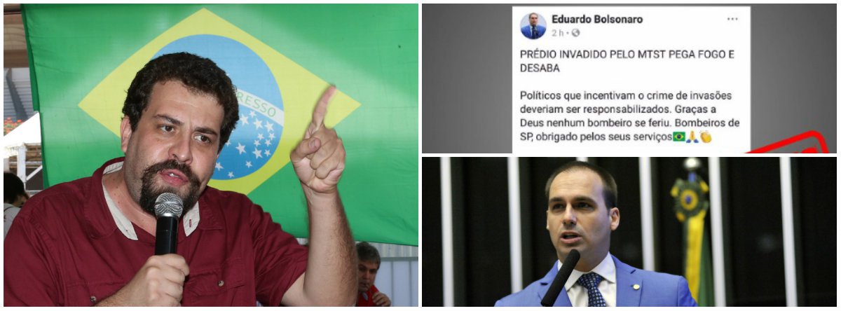 Líder do MTST e presidenciável pelo Psol, Guilherme Boulos, compartilhou no Twitter um post do deputado Eduardo Bolsonaro (PSC-RJ), mas com a expressão "fake-news"; Boulos diz que o parlamentar "tenta fazer uso político da tragédia. Irá responder judicialmente"; segundo Bolsonaro, o prédio que desabou na cidade de São Paulo foi invadido por membros do MTST; depois, o congressista escreveu: "Confundir o MTST com o MLSM (Movimento de Luta Social por Moradia) é o mesmo que confundir CV com PCC, no final das contas é tudo crime" (Foto: Leonardo Lucena) Líder do MTST e presidenciável pelo Psol, Guilherme Boulos, compartilhou no Twitter um post do deputado Eduardo Bolsonaro (PSC-RJ), mas com a expressão "fake-news"; Boulos diz que o parlamentar "tenta fazer uso político da tragédia. Irá responder judicialmente"; segundo Bolsonaro, o prédio que desabou na cidade de São Paulo foi invadido por membros do MTST; depois, o congressista escreveu: "Confundir o MTST com o MLSM (Movimento de Luta Social por Moradia) é o mesmo que confundir CV com PCC, no final das contas é tudo crime"