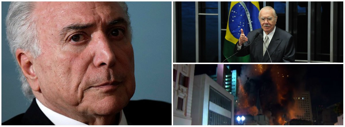 "Será que alguém, depois da cena de hoje no centro de São Paulo, vai querer ser o candidato que 'vai preservar o legado' de Michel Temer?", questiona Fernando Brito, no Tijolaço; "Como José Sarney, apedrejado no Centro do Rio em 1988, 30 anos depois, Temer, ao sair corrido da visita aos escombros do prédio incendiado no Centro paulistanto vai completando a mórbida semelhança com José Sarney, que ascendeu ao poder para ser o antípoda das esperanças despertadas na redemocratização"; vídeo (Foto: Leonardo Lucena) "Será que alguém, depois da cena de hoje no centro de São Paulo, vai querer ser o candidato que 'vai preservar o legado' de Michel Temer?", questiona Fernando Brito, no Tijolaço; "Como José Sarney, apedrejado no Centro do Rio em 1988, 30 anos depois, Temer, ao sair corrido da visita aos escombros do prédio incendiado no Centro paulistanto vai completando a mórbida semelhança com José Sarney, que ascendeu ao poder para ser o antípoda das esperanças despertadas na redemocratização"; vídeo