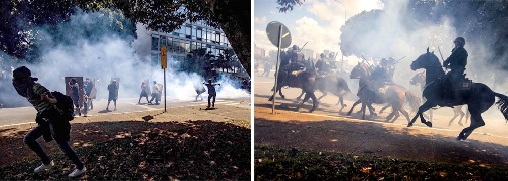 Polícia Militar do Distrito Federal reprimiu com truculência manifestação de estudantes da UnB, realizada nesta quinta-feira, 26, contra a política de cortes de recursos do governo de Michel Temer; protesto dos estudantes, pacificamente realizado na Esplanada dos Ministérios, foi reprimido com bombas de gás lacrimogênio e tiros de bala de borracha; assista ao momento em que a cavalaria da PM usa bombas contra os estudantes (Foto: Aquiles Lins) Polícia Militar do Distrito Federal reprimiu com truculência manifestação de estudantes da UnB, realizada nesta quinta-feira, 26, contra a política de cortes de recursos do governo de Michel Temer; protesto dos estudantes, pacificamente realizado na Esplanada dos Ministérios, foi reprimido com bombas de gás lacrimogênio e tiros de bala de borracha; assista ao momento em que a cavalaria da PM usa bombas contra os estudantes