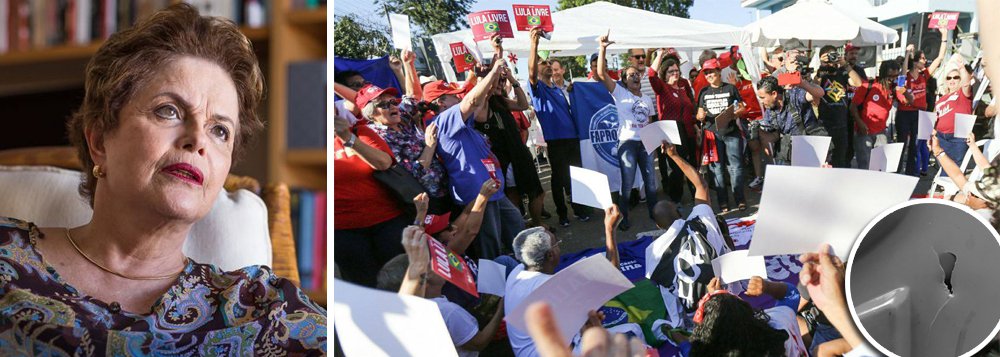 Presidente deposta pelo golpe repudia atentado a tiros contra acampamento que defende a liberdade de Lula; "Os golpistas de 2016 semearam ódio, covardia e violência. Alimentaram o fascismo que baleou a caravana de Lula no Sul, assassinou impunemente a líder mulher e negra, Marielle. Nessa madrugada dispararam + de 20 tiros contra o acampamento de apoio a #Lulainocente #Lulalivre", postou Dilma no Twitter; ela destaca que "o regime de exceção é o ovo da serpente. É parido pelos golpes, alimentado com tiros em acampamento pacífico e cresce com o arbítrio da condenação e prisão em solitária de pessoa inocente, Lula" (Foto: Gisele Federicce) Presidente deposta pelo golpe repudia atentado a tiros contra acampamento que defende a liberdade de Lula; "Os golpistas de 2016 semearam ódio, covardia e violência. Alimentaram o fascismo que baleou a caravana de Lula no Sul, assassinou impunemente a líder mulher e negra, Marielle. Nessa madrugada dispararam + de 20 tiros contra o acampamento de apoio a #Lulainocente #Lulalivre", postou Dilma no Twitter; ela destaca que "o regime de exceção é o ovo da serpente. É parido pelos golpes, alimentado com tiros em acampamento pacífico e cresce com o arbítrio da condenação e prisão em solitária de pessoa inocente, Lula"