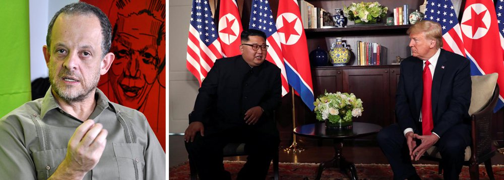 O jornalista Breno Altman avalia o encontro do presidente dos Estados Unidos Donald Trump com o líder da Coreia do Norte Kim Jong-um; "A Coreia do Norte conseguiu transformar sua capacidade militar e nuclear num instrumento de diplomacia, não tenho dúvidas que os Estados Unidos ficaram de joelhos", analisa; ele comenta ainda o cenário político nacional, como a pesquisa Datafolha e o problema da direita nas eleições; assista à íntegra (Foto: Lais Gouveia) O jornalista Breno Altman avalia o encontro do presidente dos Estados Unidos Donald Trump com o líder da Coreia do Norte Kim Jong-um; "A Coreia do Norte conseguiu transformar sua capacidade militar e nuclear num instrumento de diplomacia, não tenho dúvidas que os Estados Unidos ficaram de joelhos", analisa; ele comenta ainda o cenário político nacional, como a pesquisa Datafolha e o problema da direita nas eleições; assista à íntegra