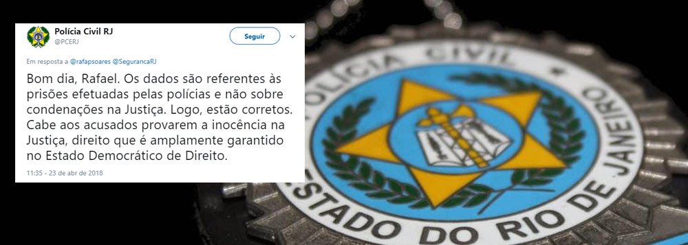 A Polícia Civil do Rio de Janeiro afirmou nesta segunda-feira, 23, por meio de sua página no Twitter, que os acusados de crimes devem provar sua inocência, quando a Constituição, no Artigo 5º, determina que todo cidadão é inocente até que sua culpa seja provada em processos transitados em julgado; "Os dados são referentes às prisões efetuadas pelas polícias e não sobre condenações na Justiça. Logo, estão corretos. Cabe aos acusados provarem a inocência na Justiça, direito que é amplamente garantido no Estado Democrático de Direito", disse a PCERJ em reposta a um seguidor; confira reações (Foto: Aquiles Lins) A Polícia Civil do Rio de Janeiro afirmou nesta segunda-feira, 23, por meio de sua página no Twitter, que os acusados de crimes devem provar sua inocência, quando a Constituição, no Artigo 5º, determina que todo cidadão é inocente até que sua culpa seja provada em processos transitados em julgado; "Os dados são referentes às prisões efetuadas pelas polícias e não sobre condenações na Justiça. Logo, estão corretos. Cabe aos acusados provarem a inocência na Justiça, direito que é amplamente garantido no Estado Democrático de Direito", disse a PCERJ em reposta a um seguidor; confira reações