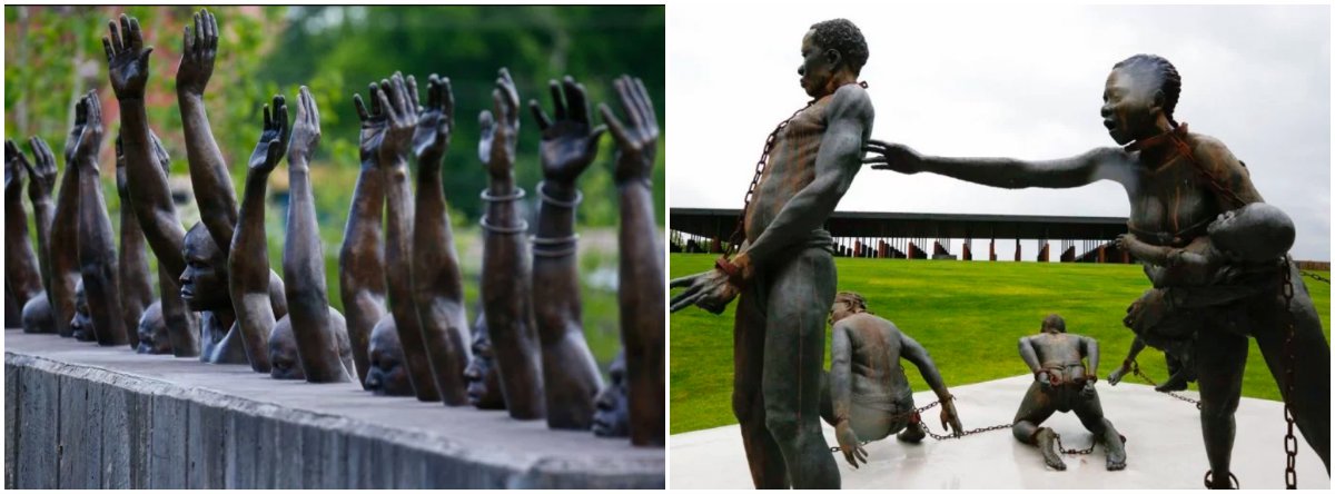 O Memorial Nacional para Justiça e Paz foi inaugurado na cidade de Montgomery, no estado do Alabama, no mesmo local de um antigo depósito onde negros foram escravizados; o museu narrativo usa mídia interativa, escultura, videografia e exposições para imergir os visitantes nas vistas e sons do tráfico doméstico de escravos, o terrorismo racial; sobre o tema, o ativista Douglas Belchior questiona: "Onde estão nossos memoriais? Quando o terror racial no Brasil será pauta nacional?" (Foto: Gisele Federicce) O Memorial Nacional para Justiça e Paz foi inaugurado na cidade de Montgomery, no estado do Alabama, no mesmo local de um antigo depósito onde negros foram escravizados; o museu narrativo usa mídia interativa, escultura, videografia e exposições para imergir os visitantes nas vistas e sons do tráfico doméstico de escravos, o terrorismo racial; sobre o tema, o ativista Douglas Belchior questiona: "Onde estão nossos memoriais? Quando o terror racial no Brasil será pauta nacional?"