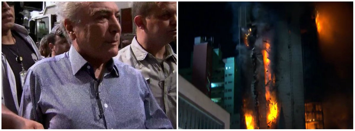 Tentando tirar proveito, e da forma mais canalha possível, da tragédia ocorrida em São Paulo, o cidadão que ocupa a presidência da república compareceu ao local onde um prédio pertencente a União, desabou após um incêndio, a fim de prestar a sua solidariedade às vítimas do acidente. É óbvio que Temer está pouco se lixando para aquelas pessoas (Foto: Nêggo Tom) Tentando tirar proveito, e da forma mais canalha possível, da tragédia ocorrida em São Paulo, o cidadão que ocupa a presidência da república compareceu ao local onde um prédio pertencente a União, desabou após um incêndio, a fim de prestar a sua solidariedade às vítimas do acidente. É óbvio que Temer está pouco se lixando para aquelas pessoas