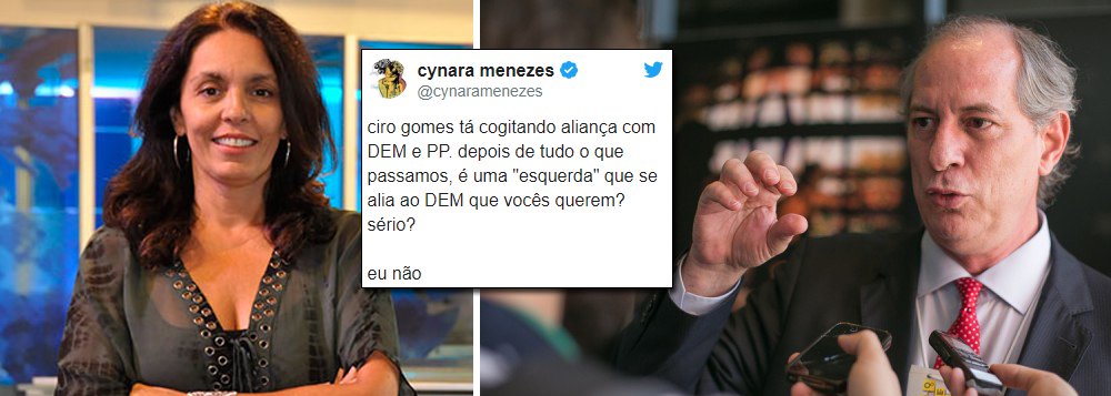 A jornalista Cynara Menezes aponta, em seu Twitter, as contradições gritantes de um segmento que se diz de esquerda, mas que opera dentro de uma lógica conservadora; ela diz: "Ciro gomes tá cogitando aliança com DEM e PP; depois de tudo o que passamos, é uma 'esquerda' que se alia ao DEM que vocês querem? Sério?"; ela responde: "eu não" (Foto: Gustavo Conde) A jornalista Cynara Menezes aponta, em seu Twitter, as contradições gritantes de um segmento que se diz de esquerda, mas que opera dentro de uma lógica conservadora; ela diz: "Ciro gomes tá cogitando aliança com DEM e PP; depois de tudo o que passamos, é uma 'esquerda' que se alia ao DEM que vocês querem? Sério?"; ela responde: "eu não"
