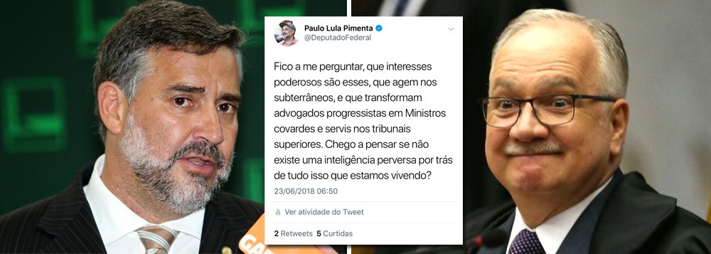 "Fico a me perguntar, que interesses poderosos são esses, que agem nos subterrâneos, e que transformam advogados progressistas em Ministros covardes e servis nos tribunais superiores. Chego a pensar se não existe uma inteligência perversa por trás de tudo isso que estamos vivendo?", postou o deputado Paulo Pimenta (PT-RS), depois que o ministro Luiz Fachin, do STF, manobrou para manter Lula preso (Foto: Leonardo Attuch) "Fico a me perguntar, que interesses poderosos são esses, que agem nos subterrâneos, e que transformam advogados progressistas em Ministros covardes e servis nos tribunais superiores. Chego a pensar se não existe uma inteligência perversa por trás de tudo isso que estamos vivendo?", postou o deputado Paulo Pimenta (PT-RS), depois que o ministro Luiz Fachin, do STF, manobrou para manter Lula preso