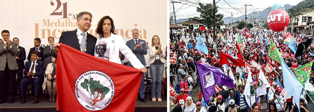 Em discurso durante entrega da Medalha da Inconfidência, neste sábado, 20, o governador Fernando Pimentel comparou o momento político do Brasil e a história de líderes que garantiram conquistas históricas para os brasileiros; "Hoje, a democracia, que tanto sacrifício custou à nação e à minha geração, está ameaçada pelas violências, perseguições, excessos e abusos de poder", afirmou; entre os 170 agraciados, estava a vereadora Marielle Franco foi lembrada com destaque; em paralelo ao ato oficial, milhares de militantes ocuparam as ruas históricas de Ouro Preto para protestar conta a prisão política do ex-presidente Lula (Foto: Aquiles Lins) Em discurso durante entrega da Medalha da Inconfidência, neste sábado, 20, o governador Fernando Pimentel comparou o momento político do Brasil e a história de líderes que garantiram conquistas históricas para os brasileiros; "Hoje, a democracia, que tanto sacrifício custou à nação e à minha geração, está ameaçada pelas violências, perseguições, excessos e abusos de poder", afirmou; entre os 170 agraciados, estava a vereadora Marielle Franco foi lembrada com destaque; em paralelo ao ato oficial, milhares de militantes ocuparam as ruas históricas de Ouro Preto para protestar conta a prisão política do ex-presidente Lula