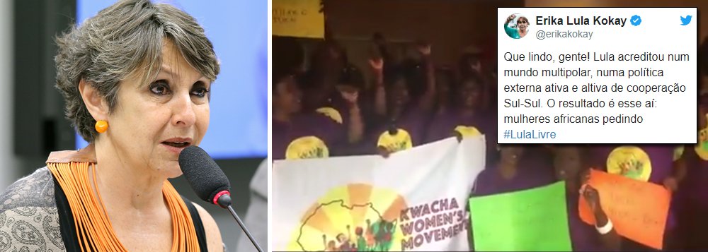 A deputada Érika Kokay registra em seu Twitter o apoio das mulheres africanas por Lula; a deputada ressalta que a crença, a política e o respeito que Lula dedicou à questão da reparação histórica que deveria ser dedicada à África, fez dele também um herói naquele continente (Foto: Gustavo Conde) A deputada Érika Kokay registra em seu Twitter o apoio das mulheres africanas por Lula; a deputada ressalta que a crença, a política e o respeito que Lula dedicou à questão da reparação histórica que deveria ser dedicada à África, fez dele também um herói naquele continente
