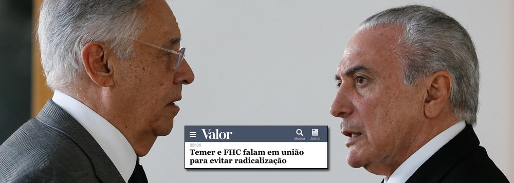 O ex-presidente Fernando Henrique Cardoso, que foi um dos organizadores do golpe de 2016, que destruiu a economia e a imagem do Brasil no mundo, teve um encontro secreto com Michel Temer, no Primeiro de Maio; a intenção dos dois é articular a união do que chamam de "centro" – na prática, o golpismo – nas eleições de 2018; como o golpe é um fiasco de público e de crítica, com resultados pífios na economia, todas as suas candidaturas, sejam de Geraldo Alckmin, Rodrigo Maia, Henrique Meirelles ou do próprio Temer não saem do chão; por isso mesmo, FHC, que governa o Brasil por meio de Temer, busca costurar uma união entre essas forças (Foto: Leonardo Attuch) O ex-presidente Fernando Henrique Cardoso, que foi um dos organizadores do golpe de 2016, que destruiu a economia e a imagem do Brasil no mundo, teve um encontro secreto com Michel Temer, no Primeiro de Maio; a intenção dos dois é articular a união do que chamam de "centro" – na prática, o golpismo – nas eleições de 2018; como o golpe é um fiasco de público e de crítica, com resultados pífios na economia, todas as suas candidaturas, sejam de Geraldo Alckmin, Rodrigo Maia, Henrique Meirelles ou do próprio Temer não saem do chão; por isso mesmo, FHC, que governa o Brasil por meio de Temer, busca costurar uma união entre essas forças
