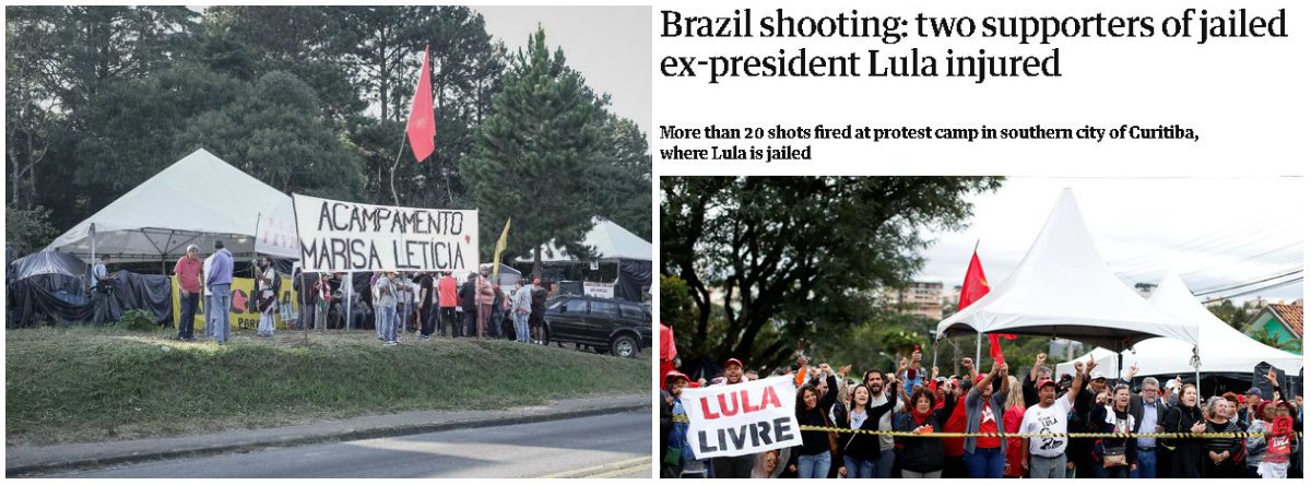 O jornal britânico The Guardian repercutiu o atentado contra um acampamento do ex-presidente Lula; segundo o veículo, "como o país mergulhou na crise política e econômica nos últimos anos, houve um aumento no número de assassinatos de ativistas e líderes políticos, rurais e ambientais. O recente assassinato de um vereador do Rio de Janeiro foi um dos casos mais chocantes e emblemáticos" (Foto: Leonardo Lucena) O jornal britânico The Guardian repercutiu o atentado contra um acampamento do ex-presidente Lula; segundo o veículo, "como o país mergulhou na crise política e econômica nos últimos anos, houve um aumento no número de assassinatos de ativistas e líderes políticos, rurais e ambientais. O recente assassinato de um vereador do Rio de Janeiro foi um dos casos mais chocantes e emblemáticos"