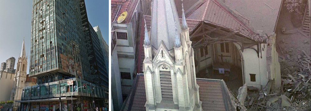 Uma igreja evangélica luterana foi atingida com o desabamento do prédio no Largo do Paissandú, no centro de São Paulo, após um incêndio de grandes proporções que atingiu dois edifícios na madrugada desta terça; a edificação de 1908 ficou bastante destruída; na foto à esquerda, é possível ver a igreja (amarela) e o prédio que desabou (verde, de vidro) (Foto: Gisele Federicce) Uma igreja evangélica luterana foi atingida com o desabamento do prédio no Largo do Paissandú, no centro de São Paulo, após um incêndio de grandes proporções que atingiu dois edifícios na madrugada desta terça; a edificação de 1908 ficou bastante destruída; na foto à esquerda, é possível ver a igreja (amarela) e o prédio que desabou (verde, de vidro)