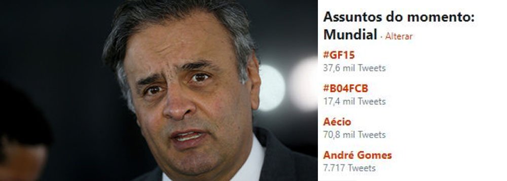 Depois de virar réu por corrupção e obstrução judicial, o nome do senador Aécio Neves (PSDB-MG) ficou entre os temas mais comentados no Twitter mundial; "Só ele e a irmã dele acreditam em sua inocência", publicou o internauta Marco Moreira; o perfil @JornalismoWando comentou: "Aécio é peso morto no jogo político e tem zero influência eleitoral. O PSDB tava louco pra se livrar desse encosto" (Foto: Leonardo Lucena) Depois de virar réu por corrupção e obstrução judicial, o nome do senador Aécio Neves (PSDB-MG) ficou entre os temas mais comentados no Twitter mundial; "Só ele e a irmã dele acreditam em sua inocência", publicou o internauta Marco Moreira; o perfil @JornalismoWando comentou: "Aécio é peso morto no jogo político e tem zero influência eleitoral. O PSDB tava louco pra se livrar desse encosto"