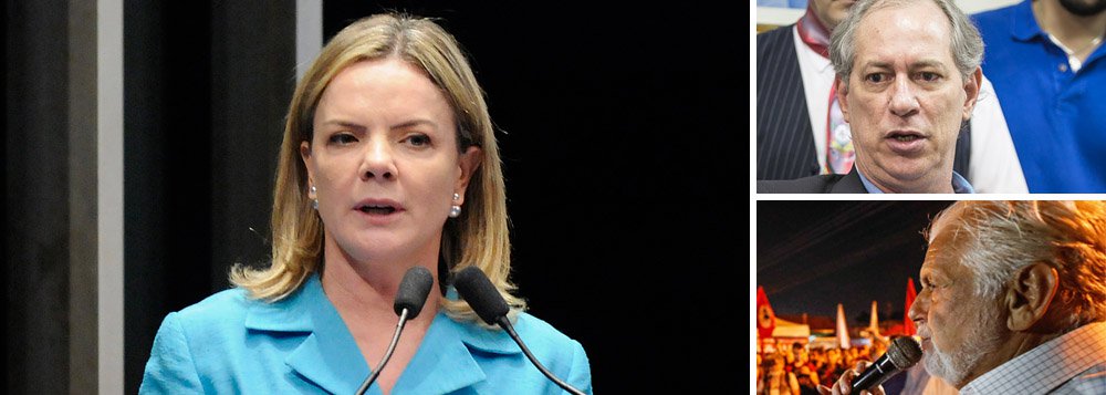 A presidente do PT, senadora Gleisi Hoffmann (PT-PR), descartou a hipótese sugerida pelo ex-governador Jaques Wagner sobre um eventual apoio ao candidato Ciro Gomes, do PDT; “mas ele não sabe que o Ciro não passa no PT nem com reza brava?”, questionou; em artigo, Valter Pomar, um dos intelectuais do partido, afirmou que o "Plano B de Wagner deveria se chamar Plano S, de suicídio"; pesa contra o Ciro o fato dele manter uma postura ambígua em relação à Lava Jato e não considerar Lula um preso político (Foto: Leonardo Attuch) A presidente do PT, senadora Gleisi Hoffmann (PT-PR), descartou a hipótese sugerida pelo ex-governador Jaques Wagner sobre um eventual apoio ao candidato Ciro Gomes, do PDT; “mas ele não sabe que o Ciro não passa no PT nem com reza brava?”, questionou; em artigo, Valter Pomar, um dos intelectuais do partido, afirmou que o "Plano B de Wagner deveria se chamar Plano S, de suicídio"; pesa contra o Ciro o fato dele manter uma postura ambígua em relação à Lava Jato e não considerar Lula um preso político