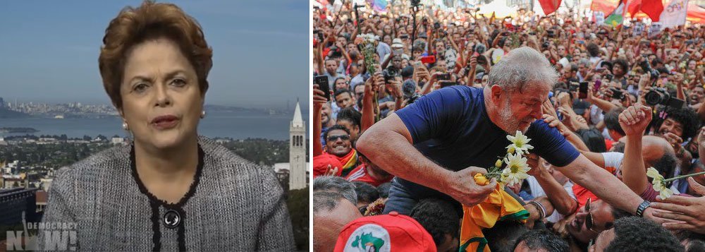 Em entrevista ao canal americano de notícias Democracy Now, a presidente legítima e honesta Dilma Rousseff voltou a denunciar a prisão política do ex-presidente Lula; ela diz que o golpe que não é militar e que está destruindo os direitos da população; "Ele corrói as instituições a partir de dentro, como se fosse uma espécie de parasita que corrói as instituições democráticas. Então, nesse caso, o que eles estão fazendo com o Lula? Lula não pode falar. Mas nós podemos falar por ele. A democracia no Brasil está sendo mitigada. Está sendo abafada", diz ela; "Lula hoje está em uma situação de isolamento. Ele está em uma solitária", acrescenta a presidente legítima (Foto: Aquiles Lins) Em entrevista ao canal americano de notícias Democracy Now, a presidente legítima e honesta Dilma Rousseff voltou a denunciar a prisão política do ex-presidente Lula; ela diz que o golpe que não é militar e que está destruindo os direitos da população; "Ele corrói as instituições a partir de dentro, como se fosse uma espécie de parasita que corrói as instituições democráticas. Então, nesse caso, o que eles estão fazendo com o Lula? Lula não pode falar. Mas nós podemos falar por ele. A democracia no Brasil está sendo mitigada. Está sendo abafada", diz ela; "Lula hoje está em uma situação de isolamento. Ele está em uma solitária", acrescenta a presidente legítima