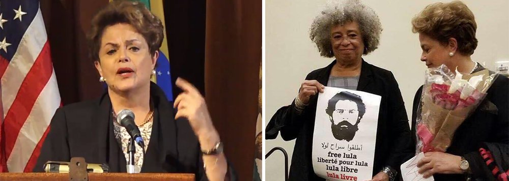 Durante palestras em universidades dos Estados Unidos, a presidente legítima Dilma Rousseff, retirada do poder sem comprovação de crime por um consórcio de ladrões, afirmou que sem o ex-presidente Lula, o Brasil não se reencontrará com a democracia; "Por que abrir mão da candidatura de Lula? Para resolver o problema deles? Só a candidatura de Lula pode viabilizar a restauração democrática", afirmou; "É preciso restaurar o pacto democrático, em que se respeitem o voto popular e as regras do jogo. Não podemos admitir nem a judicialização da política, nem a politização do Judiciário", alertou Dilma, que foi recebida pela filósofa e ativista dos direitos civis Angela Davis (Foto: Aquiles Lins) Durante palestras em universidades dos Estados Unidos, a presidente legítima Dilma Rousseff, retirada do poder sem comprovação de crime por um consórcio de ladrões, afirmou que sem o ex-presidente Lula, o Brasil não se reencontrará com a democracia; "Por que abrir mão da candidatura de Lula? Para resolver o problema deles? Só a candidatura de Lula pode viabilizar a restauração democrática", afirmou; "É preciso restaurar o pacto democrático, em que se respeitem o voto popular e as regras do jogo. Não podemos admitir nem a judicialização da política, nem a politização do Judiciário", alertou Dilma, que foi recebida pela filósofa e ativista dos direitos civis Angela Davis
