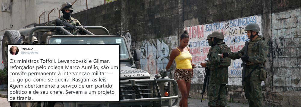 “Os ministros Toffoli, Lewandovski e Gilmar, reforçados pelo colega Marco Aurélio, são um convite permanente à intervenção militar — ou golpe, como se queira. Rasgam as leis. Agem abertamente a serviço de um partido político e de seu chefe. Servem a um projeto de tirania”, postou no Twitter José Roberto Guzzo (Foto: Aquiles Lins) “Os ministros Toffoli, Lewandovski e Gilmar, reforçados pelo colega Marco Aurélio, são um convite permanente à intervenção militar — ou golpe, como se queira. Rasgam as leis. Agem abertamente a serviço de um partido político e de seu chefe. Servem a um projeto de tirania”, postou no Twitter José Roberto Guzzo