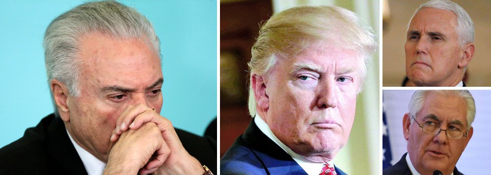O vice-presidente dos EUA cancelou sua viagem ao Brasil no fim do mês; antes dele, o ex-secretário de Estado havia feito o mesmo. Trump ignora o Brasil. Temer governa ajoelhado diante dos EUA. Agora, cedeu à chantagem no caso das exportações de aço. Mas de nada adianta: o governo Temer é desprezado mundialmente e nem os "patrões", o governo americano, quer aparecer na foto ao lado do presidente mais impopular do planeta. (Foto: Mauro Lopes) O vice-presidente dos EUA cancelou sua viagem ao Brasil no fim do mês; antes dele, o ex-secretário de Estado havia feito o mesmo. Trump ignora o Brasil. Temer governa ajoelhado diante dos EUA. Agora, cedeu à chantagem no caso das exportações de aço. Mas de nada adianta: o governo Temer é desprezado mundialmente e nem os "patrões", o governo americano, quer aparecer na foto ao lado do presidente mais impopular do planeta.