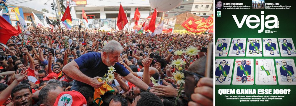 Assim como o Instituto Datafolha, que tirou o nome de Lula dos principais cenários pesquisados para a disputa presidencial, a revista Veja passa por cima da Justiça Eleitoral e tenta banir o ex-presidente Lula da corrida ao Palácio do Planalto; preso ilegalmente, Lula teve o nome confirmado pelo PT como candidato do partido e será registrado em agosto; capa da publicação da Abril considera até Henrique Meirelles, que tem 2% nas pesquisas, mas ignora Lula, líder em todos os cenários de intenção de voto (Foto: Felipe L. Goncalves) Assim como o Instituto Datafolha, que tirou o nome de Lula dos principais cenários pesquisados para a disputa presidencial, a revista Veja passa por cima da Justiça Eleitoral e tenta banir o ex-presidente Lula da corrida ao Palácio do Planalto; preso ilegalmente, Lula teve o nome confirmado pelo PT como candidato do partido e será registrado em agosto; capa da publicação da Abril considera até Henrique Meirelles, que tem 2% nas pesquisas, mas ignora Lula, líder em todos os cenários de intenção de voto