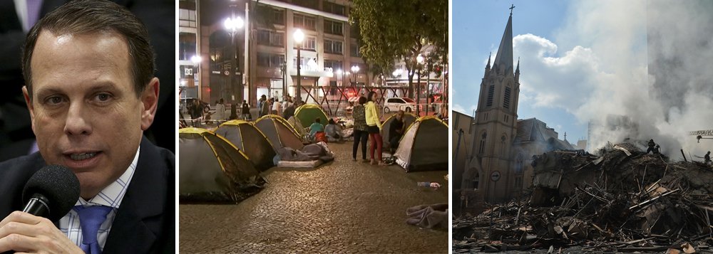 O incêndio que causou o desabamento de um prédio de 24 andares onde viviam ao menos 150 famílias sem-teto, no Largo do Paissandu, centro de São Paulo, causou grande comoção no país e intensa cobertura na imprensa internacional, exceto no ex-prefeito de São Paulo e candidato ao governo do Estado, João Doria (PSDB); Doria, em um primeiro momento afirmou que o edifício estava ocupado "por uma facção criminosa" e que ali "era um centro de distribuição de drogas" para, em seguida, tentar corrigir o erro por meio de nota (Foto: Paulo Emílio) O incêndio que causou o desabamento de um prédio de 24 andares onde viviam ao menos 150 famílias sem-teto, no Largo do Paissandu, centro de São Paulo, causou grande comoção no país e intensa cobertura na imprensa internacional, exceto no ex-prefeito de São Paulo e candidato ao governo do Estado, João Doria (PSDB); Doria, em um primeiro momento afirmou que o edifício estava ocupado "por uma facção criminosa" e que ali "era um centro de distribuição de drogas" para, em seguida, tentar corrigir o erro por meio de nota