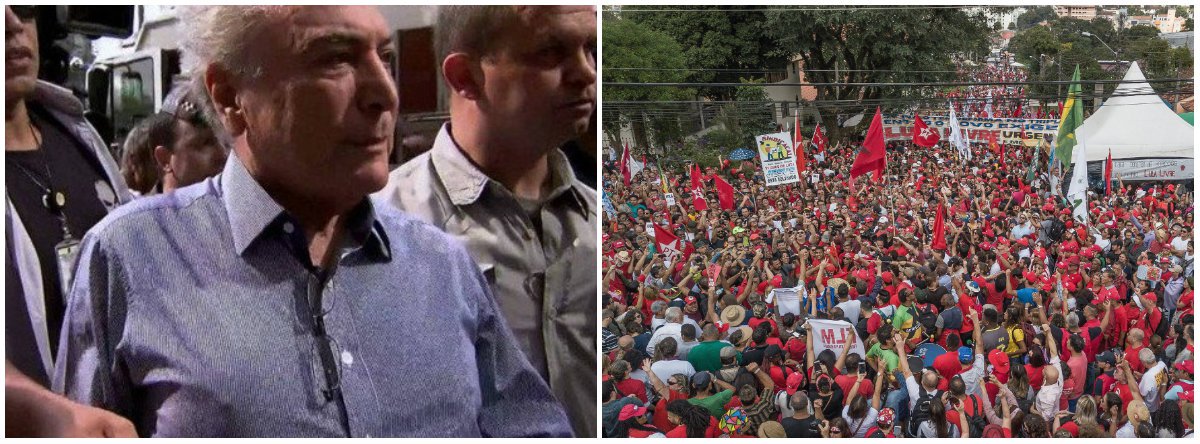 Manhã de primeiro de maio, milhares de pessoas dão bom dia ao ex-presidente Lula, em Curitiba. "Bom dia, Presidente Lula!" Enquanto isso, em São Paulo, uma multidão vaia Temer, chamando-o de ladrão e vagabundo. "Vai embora, vagabundo... ladrão..." Eis a síntese do Brasil de hoje (Foto: Lelê Teles) Manhã de primeiro de maio, milhares de pessoas dão bom dia ao ex-presidente Lula, em Curitiba. "Bom dia, Presidente Lula!" Enquanto isso, em São Paulo, uma multidão vaia Temer, chamando-o de ladrão e vagabundo. "Vai embora, vagabundo... ladrão..." Eis a síntese do Brasil de hoje