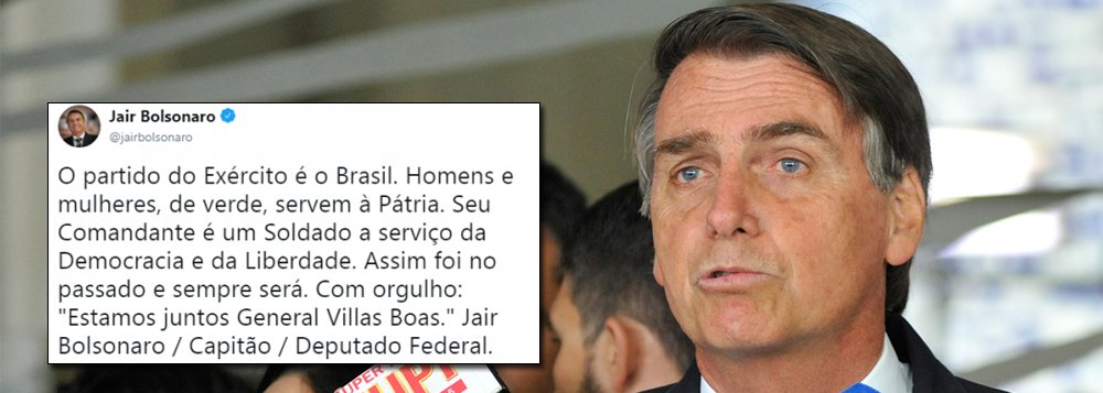 Pré-candidato à Presidência da República , Jair Bolsonaro (PSL), usou sua conta no Twitter para apoiar a afirmação do comandante do Exército, general Eduardo Villas Bôas de que o Exército "se mantém atento às suas missões institucionais"; para Bolsonaro, o "partido do Exército é o Brasil. Homens e mulheres, de verde, servem à Pátria. Seu Comandante é um Soldado a serviço da Democracia e da Liberdade. Assim foi no passado e sempre será"; declaração de villa Bôas foi entendida como uma ameaça ao STF caso a Corte vote de forma favorável ao habeas corpus ao ex-presidente Lula nesta quarta-feira (Foto: Paulo Emílio) Pré-candidato à Presidência da República , Jair Bolsonaro (PSL), usou sua conta no Twitter para apoiar a afirmação do comandante do Exército, general Eduardo Villas Bôas de que o Exército "se mantém atento às suas missões institucionais"; para Bolsonaro, o "partido do Exército é o Brasil. Homens e mulheres, de verde, servem à Pátria. Seu Comandante é um Soldado a serviço da Democracia e da Liberdade. Assim foi no passado e sempre será"; declaração de villa Bôas foi entendida como uma ameaça ao STF caso a Corte vote de forma favorável ao habeas corpus ao ex-presidente Lula nesta quarta-feira