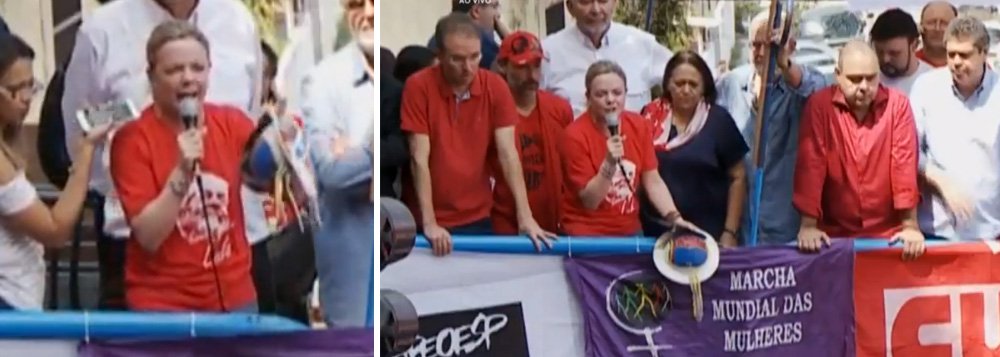 "Você é responsável pelo ódio que semeou neste País e você irá colher o que plantou", disse a senadora Gleisi Hoffmann (PT-PR), referindo-se à Globo; ela afirmou ainda que a Globo é quem conduz o golpe que derrubou a presidente Dilma Rousseff sem crime de responsabilidade e condenou o ex-presidente Lula a prisão sem crime, num tribunal de exceção; "a Globo é o inimigo que temos que combater"; Glesi disse ainda que haverá mobilização permanente em Crutiba; "vocês não sabem a encrenca em que se meteram", avisou; "começou a nossa grande campanha por Lula livre" (Foto: Leonardo Attuch) "Você é responsável pelo ódio que semeou neste País e você irá colher o que plantou", disse a senadora Gleisi Hoffmann (PT-PR), referindo-se à Globo; ela afirmou ainda que a Globo é quem conduz o golpe que derrubou a presidente Dilma Rousseff sem crime de responsabilidade e condenou o ex-presidente Lula a prisão sem crime, num tribunal de exceção; "a Globo é o inimigo que temos que combater"; Glesi disse ainda que haverá mobilização permanente em Crutiba; "vocês não sabem a encrenca em que se meteram", avisou; "começou a nossa grande campanha por Lula livre"