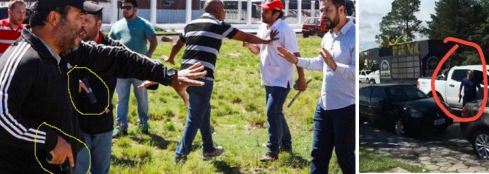 Reportagem da revista Fórum mostra que pelo menos dois soldados da Brigada Militar no município de Bagé (RS), no último dia 19 de março, sacaram suas armas e apontaram para integrantes da caravana Lula pelo Brasil; o homem armado que aparece em destaque na imagem acima é conhecido como Soldado Corrêa e faria parte de uma equipe de inteligência da brigada, que se mistura em manifestações vestindo trajes civis, teoricamente em busca de identificar e impedir atitudes violentas e contrárias à lei realizadas durante protestos populares (Foto: Aquiles Lins) Reportagem da revista Fórum mostra que pelo menos dois soldados da Brigada Militar no município de Bagé (RS), no último dia 19 de março, sacaram suas armas e apontaram para integrantes da caravana Lula pelo Brasil; o homem armado que aparece em destaque na imagem acima é conhecido como Soldado Corrêa e faria parte de uma equipe de inteligência da brigada, que se mistura em manifestações vestindo trajes civis, teoricamente em busca de identificar e impedir atitudes violentas e contrárias à lei realizadas durante protestos populares