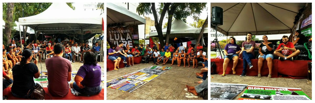 A programação do acampamento Lula Livre, na Praça da Justiça, na manhã de hoje (13), promoveu a Aula Pública "Mídia e Golpe". A atividade teve como objetivo fazer uma reflexão sobre a centralidade da luta pela democratização da comunicação e o papel da mídia tradicional no golpe de 2016 (Foto: Fatima 247) A programação do acampamento Lula Livre, na Praça da Justiça, na manhã de hoje (13), promoveu a Aula Pública "Mídia e Golpe". A atividade teve como objetivo fazer uma reflexão sobre a centralidade da luta pela democratização da comunicação e o papel da mídia tradicional no golpe de 2016