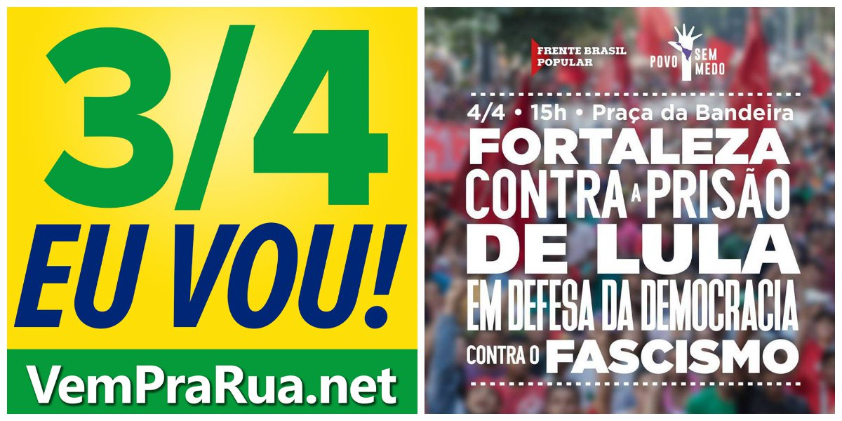 Movimentos contra e a favor do ex-presidente marcam atos públicos para hoje e amanhã. Em Fortaleza, movimentos de extrema direita, que são contra o ex-presidente, devem fazer um ato hoje, à 18 horas, na Praça Portugal, convocado pelo grupo "Vem Pra Rua". Amanhã à tarde é a vez dos movimentos populares que defendem o ex-presidente, liderados pelas Frentes Brasil Popular e Povo Sem Medo, além dos partidos do campo democrático, mobilizarem os apoiadores de Lula. O ato contará com a presença de Guilherme Boulos, presidenciável do PSOL e coordenador do Movimento dos Trabalhadores Sem Teto (MTST) (Foto: Fatima 247) Movimentos contra e a favor do ex-presidente marcam atos públicos para hoje e amanhã. Em Fortaleza, movimentos de extrema direita, que são contra o ex-presidente, devem fazer um ato hoje, à 18 horas, na Praça Portugal, convocado pelo grupo "Vem Pra Rua". Amanhã à tarde é a vez dos movimentos populares que defendem o ex-presidente, liderados pelas Frentes Brasil Popular e Povo Sem Medo, além dos partidos do campo democrático, mobilizarem os apoiadores de Lula. O ato contará com a presença de Guilherme Boulos, presidenciável do PSOL e coordenador do Movimento dos Trabalhadores Sem Teto (MTST)