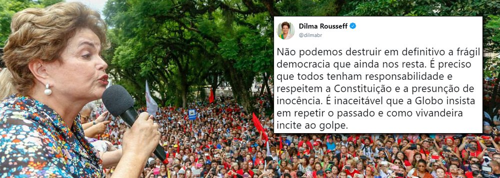 A presidente deposta Dilma Rousseff, derrubada sem crime e substituída por um consórcio de ladrões, se manifestou sobre o chamado que a Globo fez, na noite de ontem, por um novo golpe militar no Brasil; “Não podemos destruir em definitivo a frágil democracia que ainda nos resta. É preciso que todos tenham responsabilidade e respeitem a Constituição e a presunção de inocência. É inaceitável que a Globo insista em repetir o passado e como vivandeira incite ao golpe”, disse Dilma pelo Twitter (Foto: Aquiles Lins) A presidente deposta Dilma Rousseff, derrubada sem crime e substituída por um consórcio de ladrões, se manifestou sobre o chamado que a Globo fez, na noite de ontem, por um novo golpe militar no Brasil; “Não podemos destruir em definitivo a frágil democracia que ainda nos resta. É preciso que todos tenham responsabilidade e respeitem a Constituição e a presunção de inocência. É inaceitável que a Globo insista em repetir o passado e como vivandeira incite ao golpe”, disse Dilma pelo Twitter