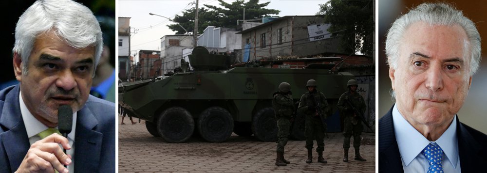Série de insucessos acumulados pela intervenção militar no Rio de Janeiro foi alvo de críticas pesadas do líder da Oposição no Senado, Humberto Costa (PT-PE); "Temer encontrou no Rio de Janeiro o seu Vietnã. Assim como ocorreu com os Estados Unidos, ele poderá empregar milhares de homens nesse teatro, mas sairá de lá humilhado, diminuindo o papel de nossas Forças Armadas, porque as jogou numa trama política rasa com fim meramente eleitoral", afirmou; "O Rio de Janeiro será o Vietnã onde Temer enterrará o pouco que lhe sobrou de vergonha", completou (Foto: Paulo Emílio) Série de insucessos acumulados pela intervenção militar no Rio de Janeiro foi alvo de críticas pesadas do líder da Oposição no Senado, Humberto Costa (PT-PE); "Temer encontrou no Rio de Janeiro o seu Vietnã. Assim como ocorreu com os Estados Unidos, ele poderá empregar milhares de homens nesse teatro, mas sairá de lá humilhado, diminuindo o papel de nossas Forças Armadas, porque as jogou numa trama política rasa com fim meramente eleitoral", afirmou; "O Rio de Janeiro será o Vietnã onde Temer enterrará o pouco que lhe sobrou de vergonha", completou